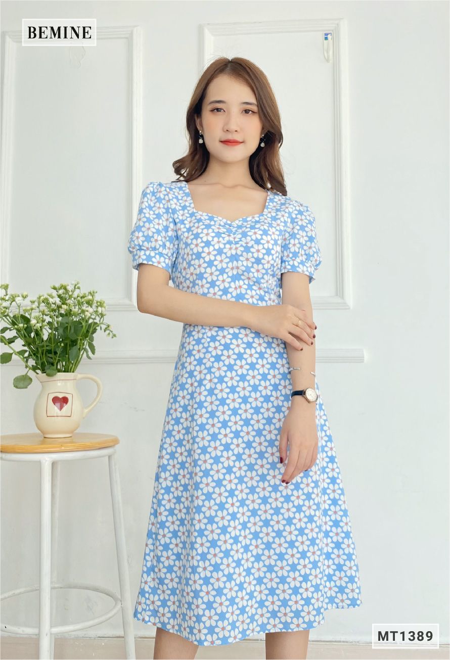 MT1389XANH - Đầm hoa cổ vuông nhún ngực