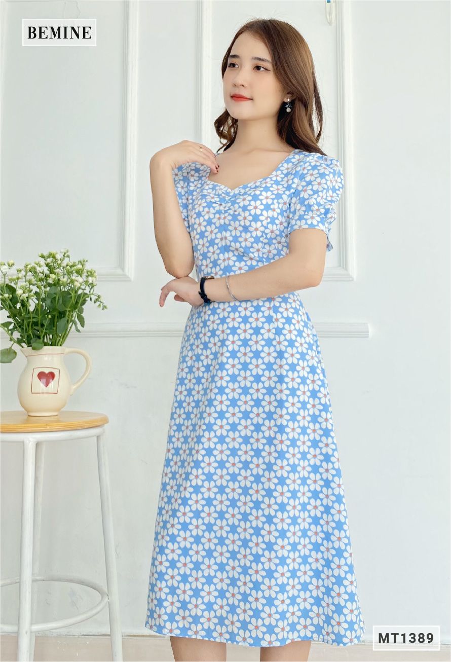 MT1389XANH - Đầm hoa cổ vuông nhún ngực