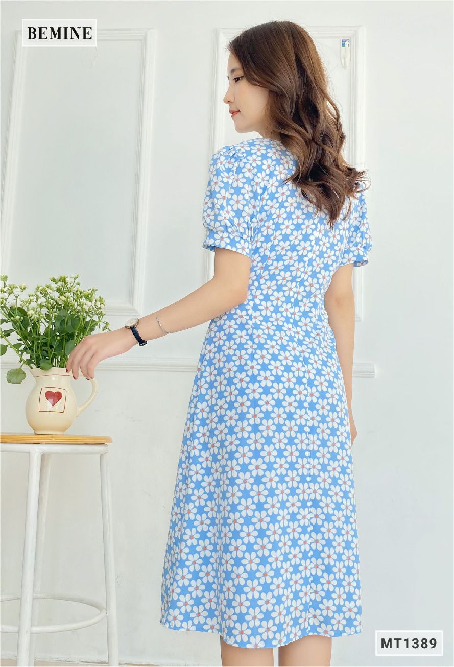 MT1389XANH - Đầm hoa cổ vuông nhún ngực