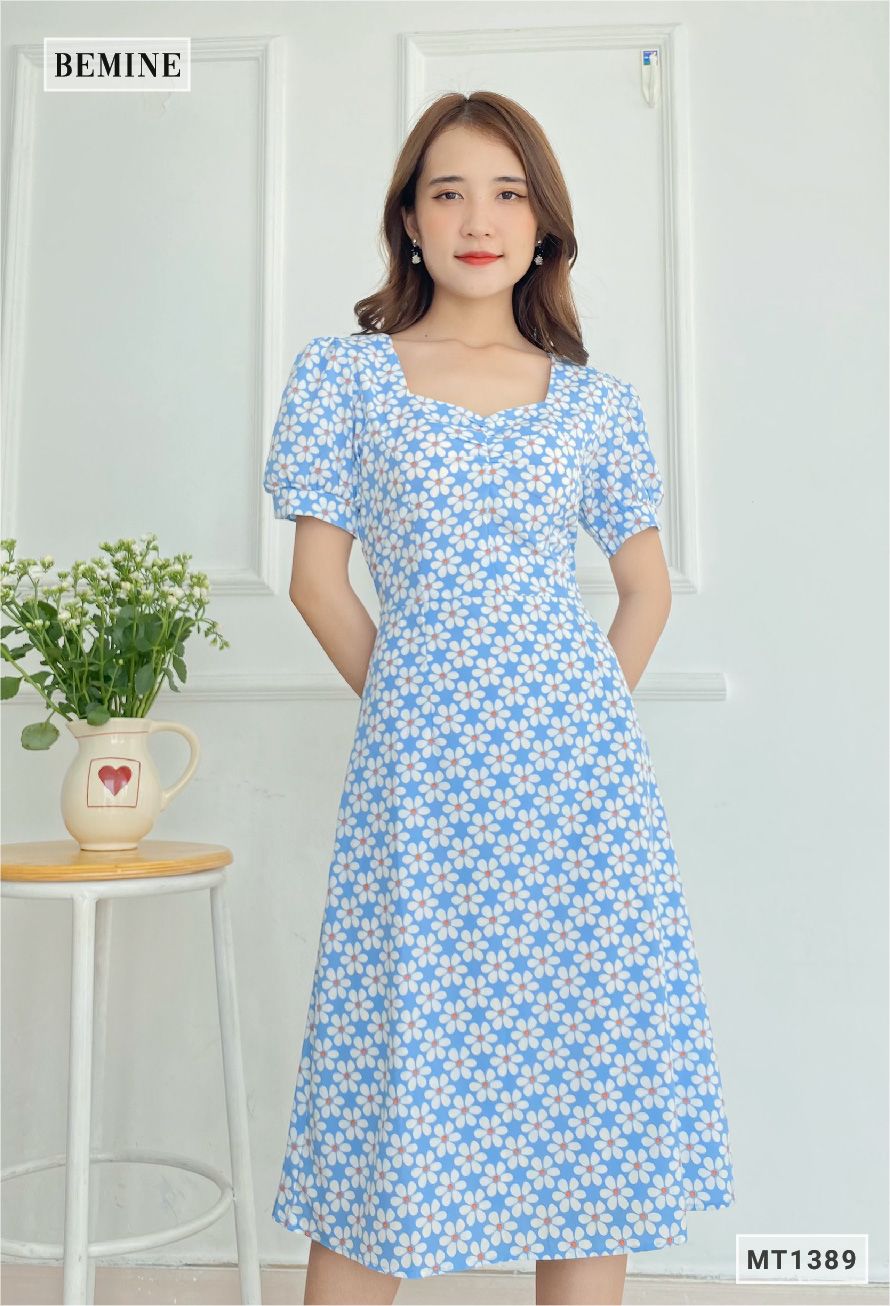 MT1389XANH - Đầm hoa cổ vuông nhún ngực