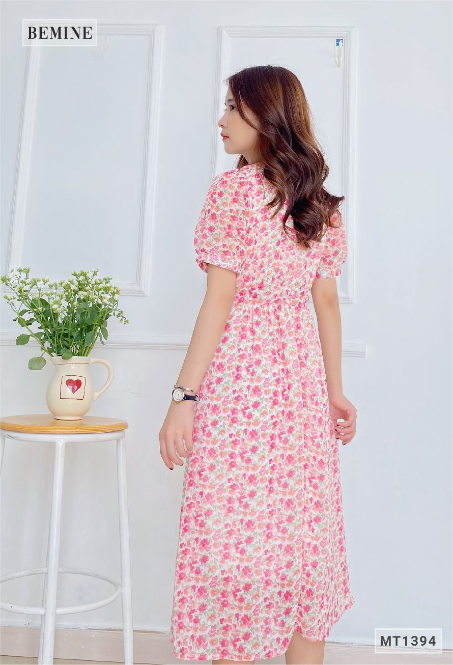 MT1394HONG - Đầm hoa cổ tròn chun eo