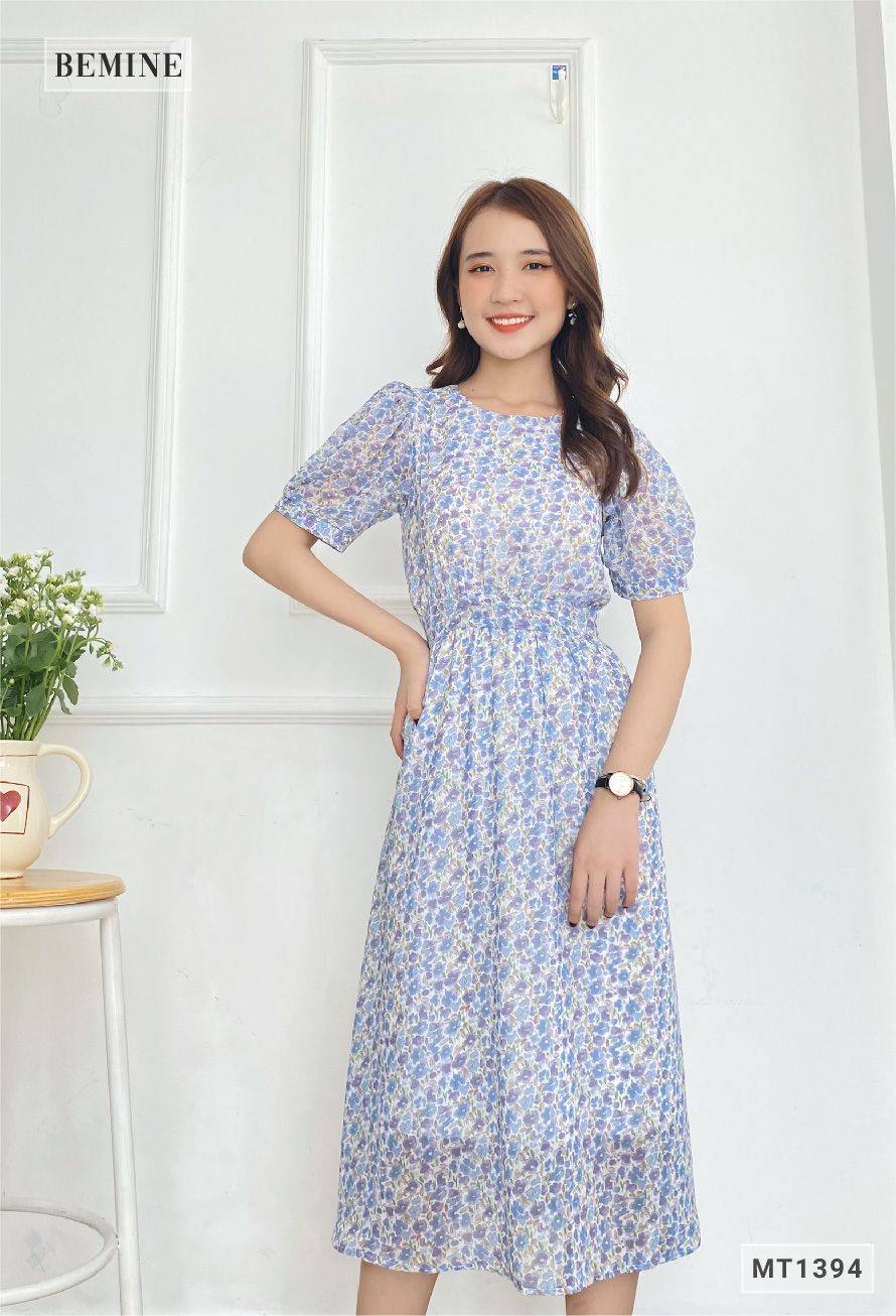 MT1394TIM - Đầm hoa cổ tròn chun eo