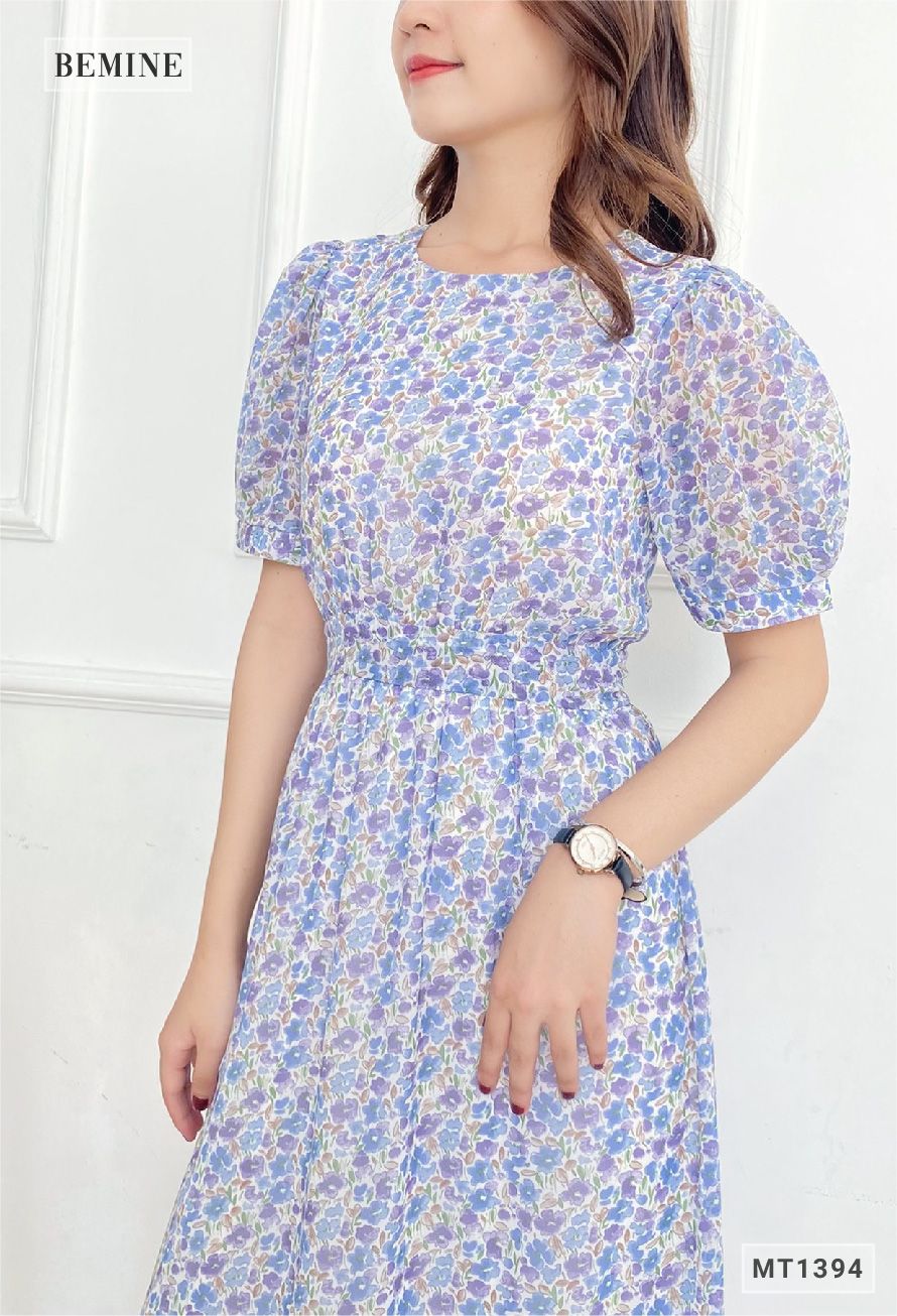 MT1394TIM - Đầm hoa cổ tròn chun eo