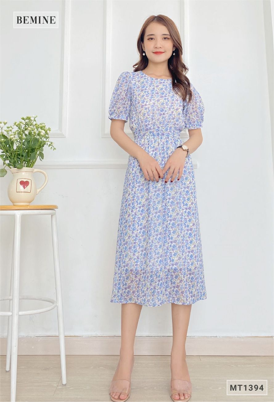 MT1394TIM - Đầm hoa cổ tròn chun eo