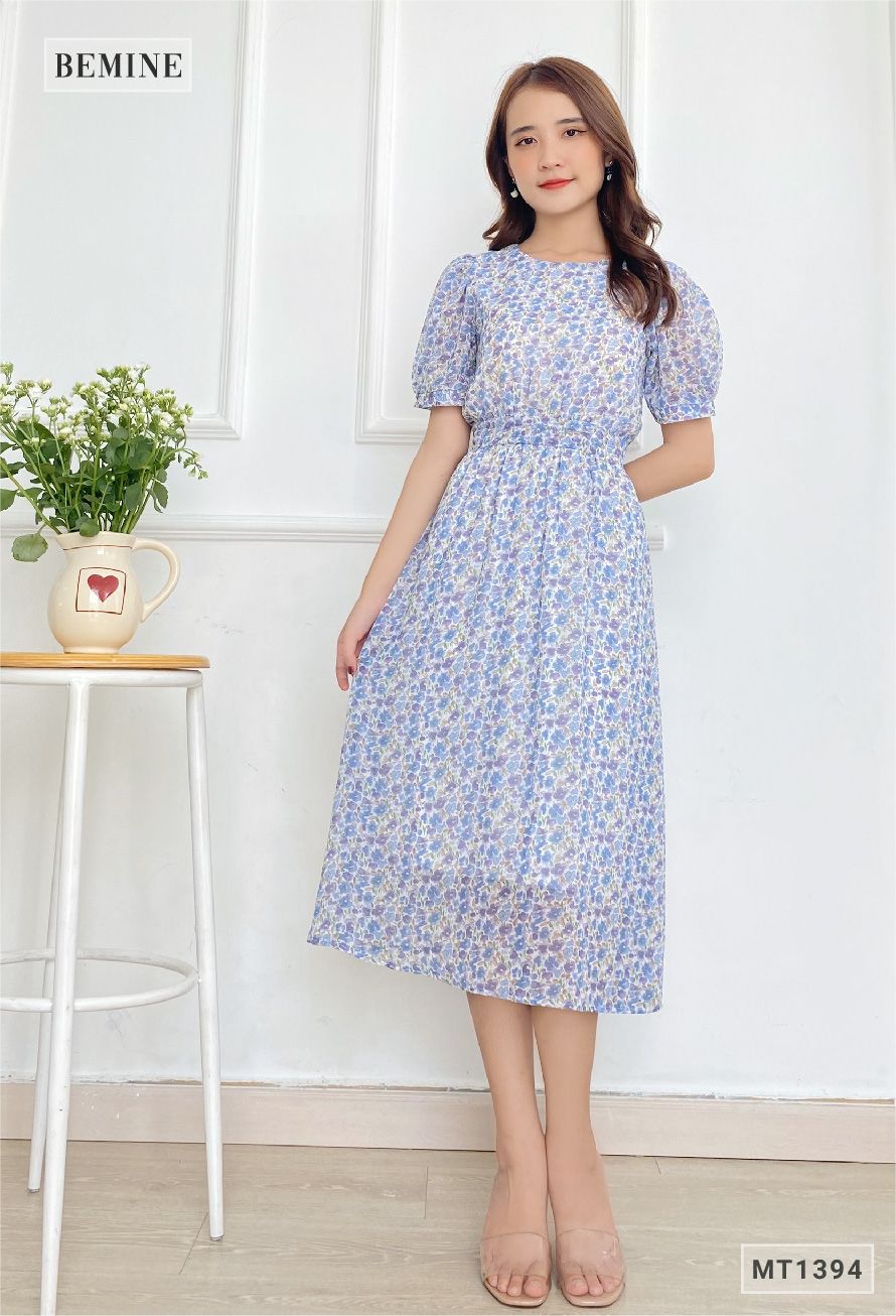 MT1394TIM - Đầm hoa cổ tròn chun eo