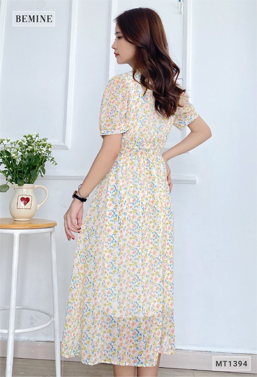 MT1394VANG - Đầm hoa cổ tròn chun eo