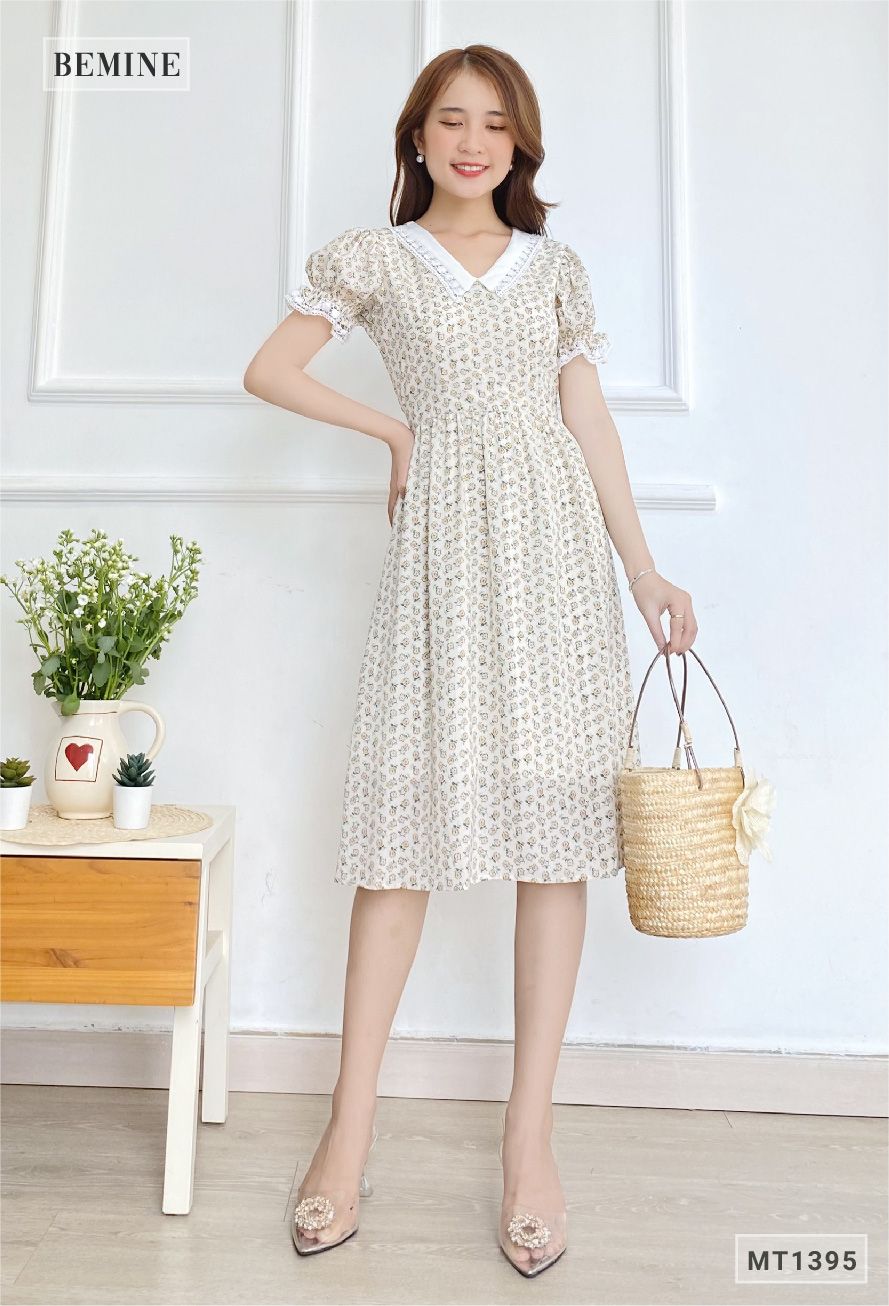 MT1395KEM - Đầm hoa cổ ren dây eo