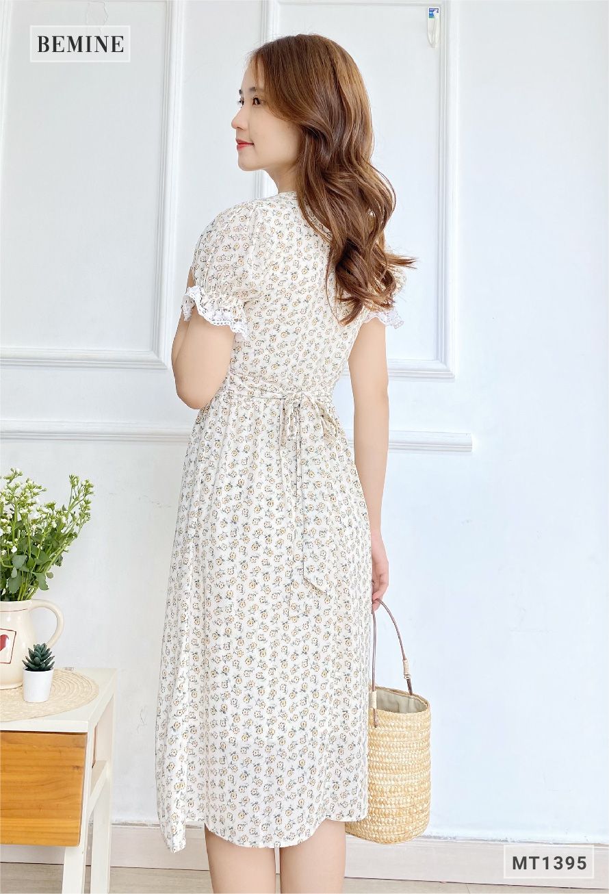 MT1395KEM - Đầm hoa cổ ren dây eo
