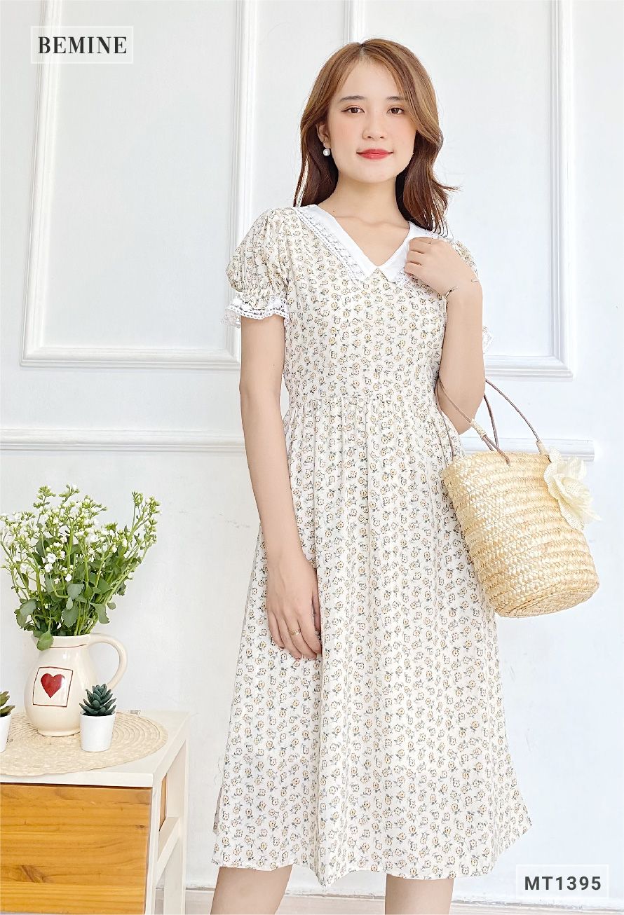 MT1395KEM - Đầm hoa cổ ren dây eo