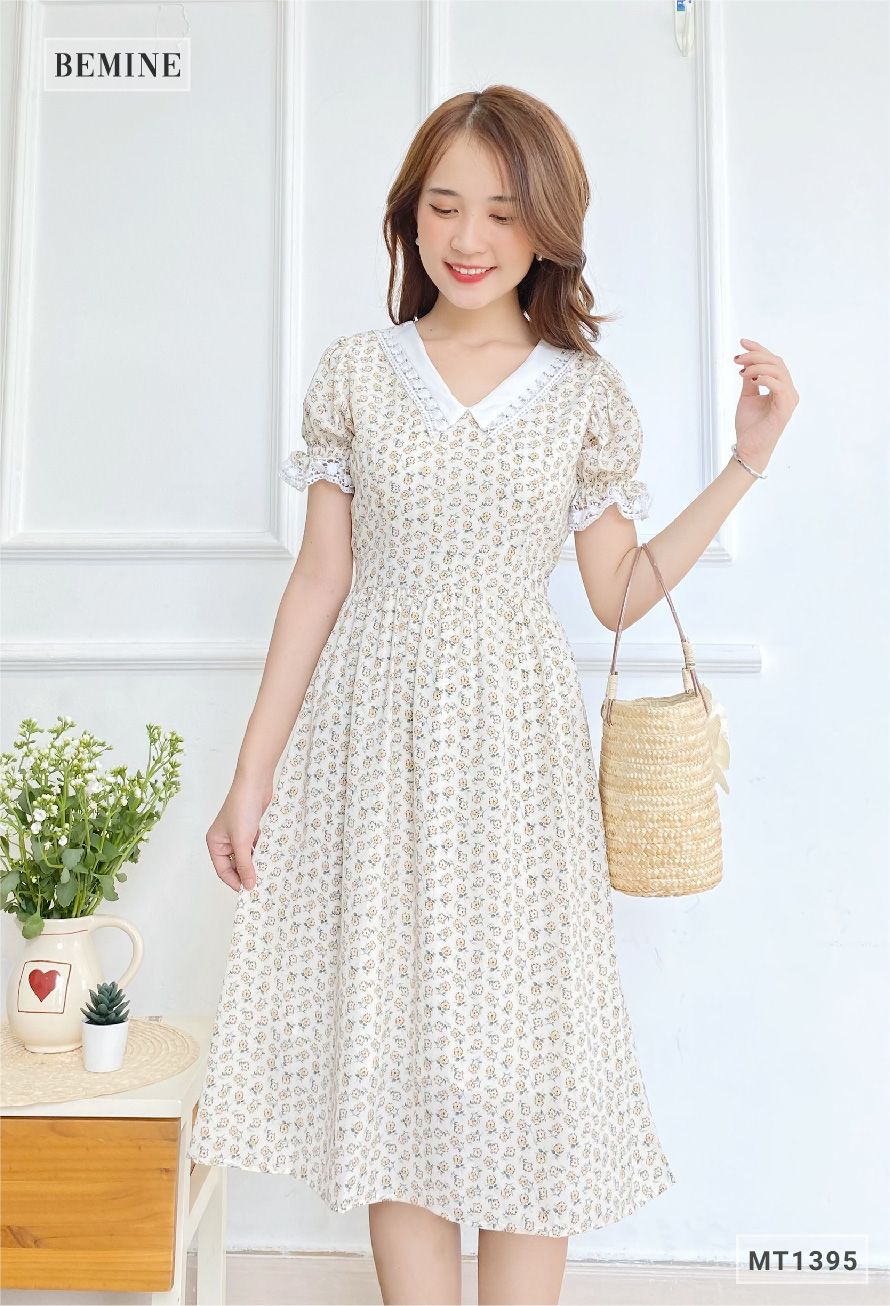 MT1395KEM - Đầm hoa cổ ren dây eo