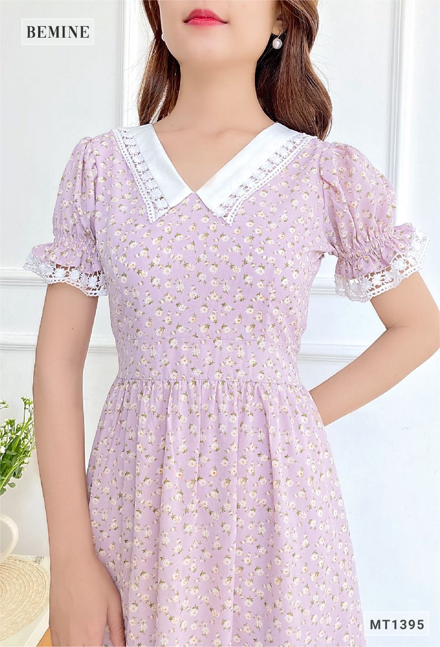 MT1395TIM - Đầm hoa cổ ren dây eo