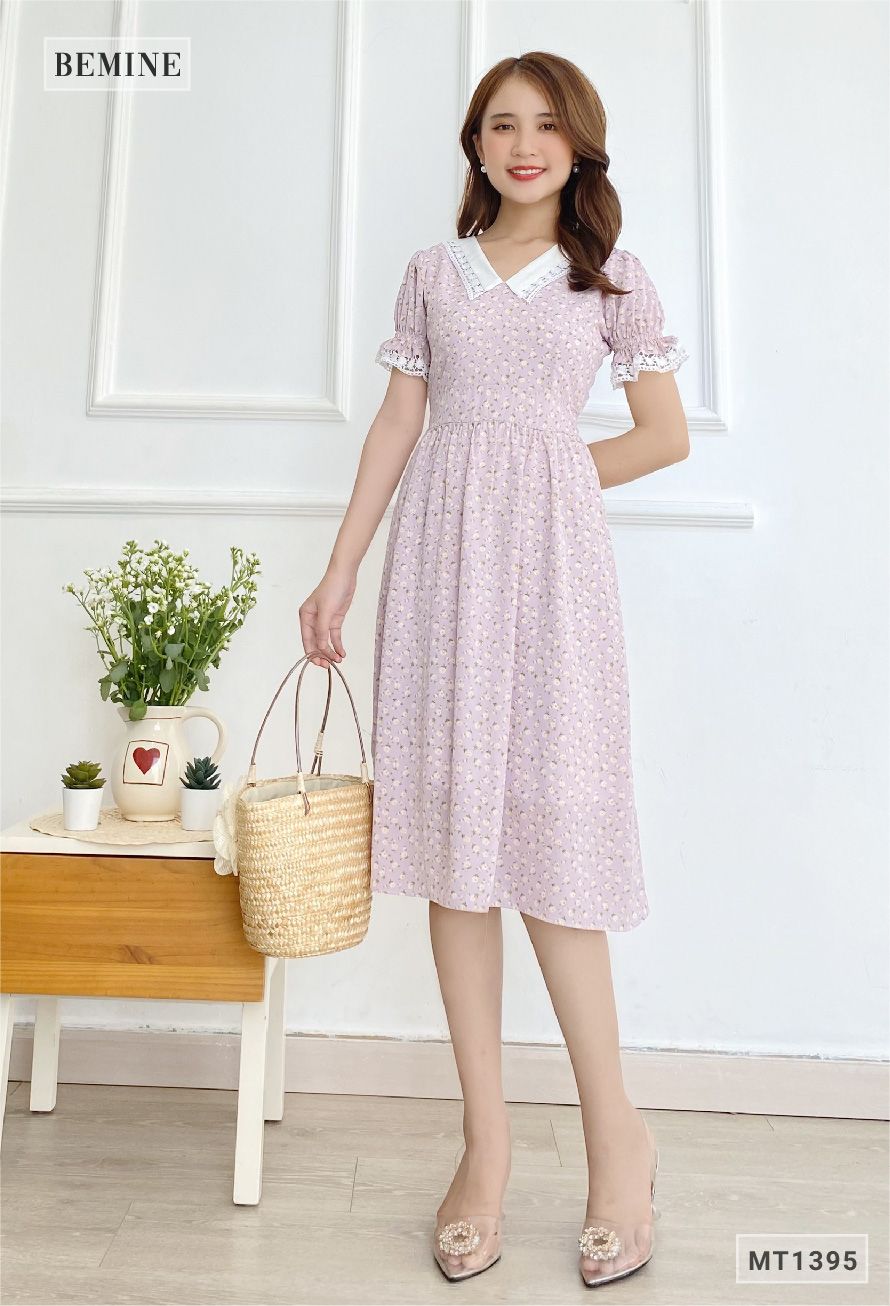 MT1395TIM - Đầm hoa cổ ren dây eo