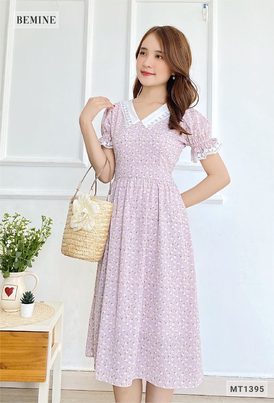 MT1395TIM - Đầm hoa cổ ren dây eo