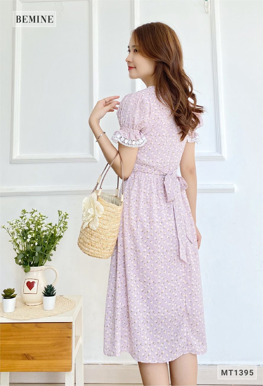MT1395TIM - Đầm hoa cổ ren dây eo
