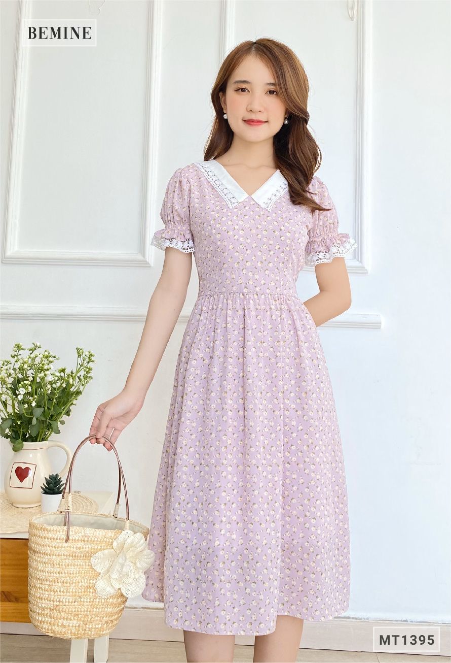 MT1395TIM - Đầm hoa cổ ren dây eo