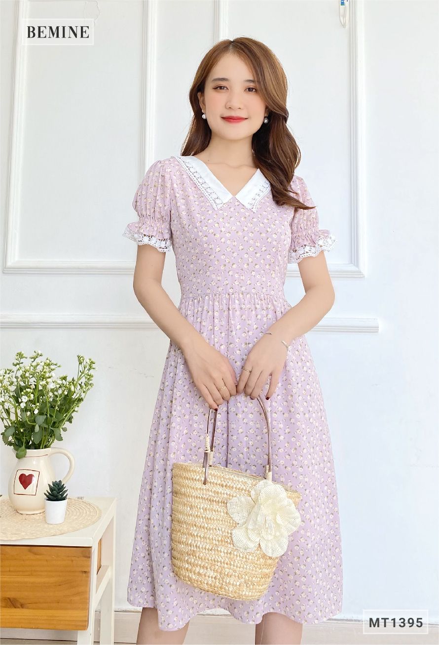 MT1395TIM - Đầm hoa cổ ren dây eo