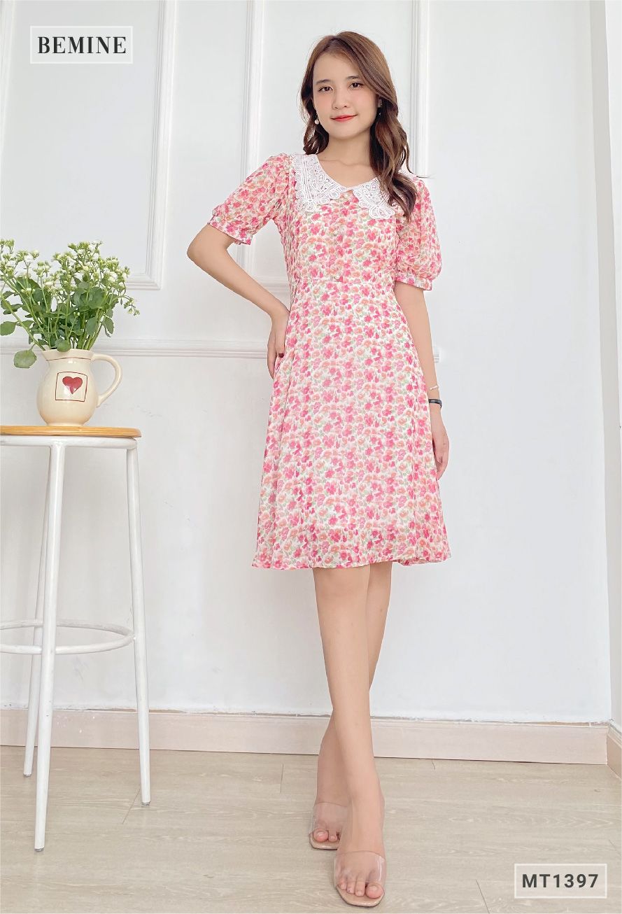 MT1397HONG - Đầm hoa cổ ren tay lỡ
