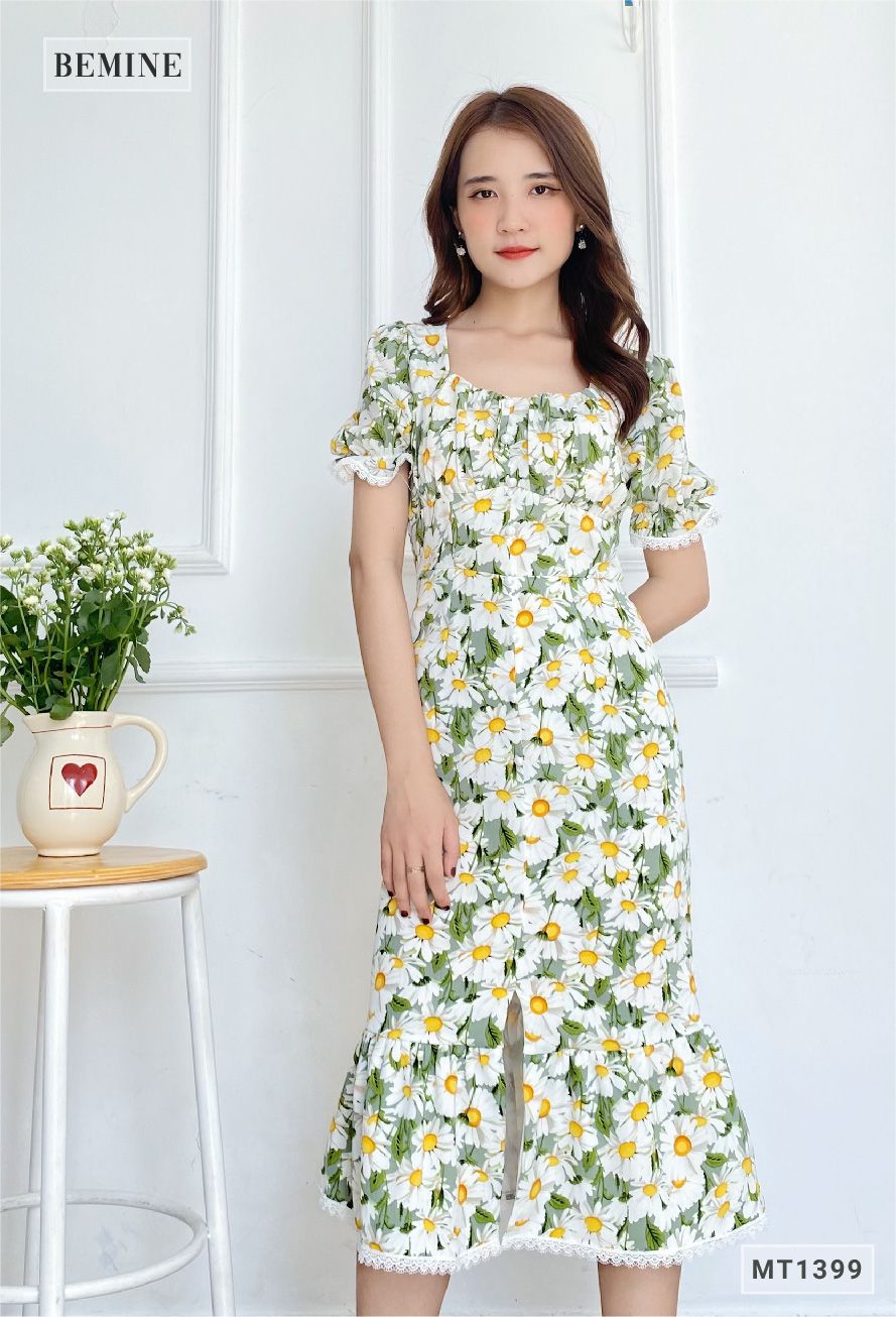 MT1399XANH - Đầm hoa cổ tym đuôi cá
