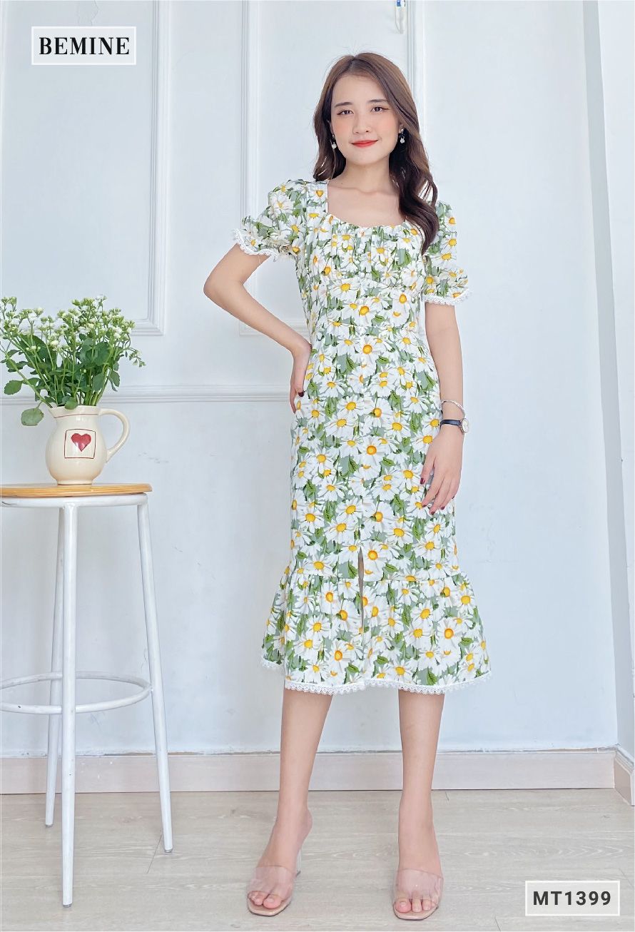 MT1399XANH - Đầm hoa cổ tym đuôi cá