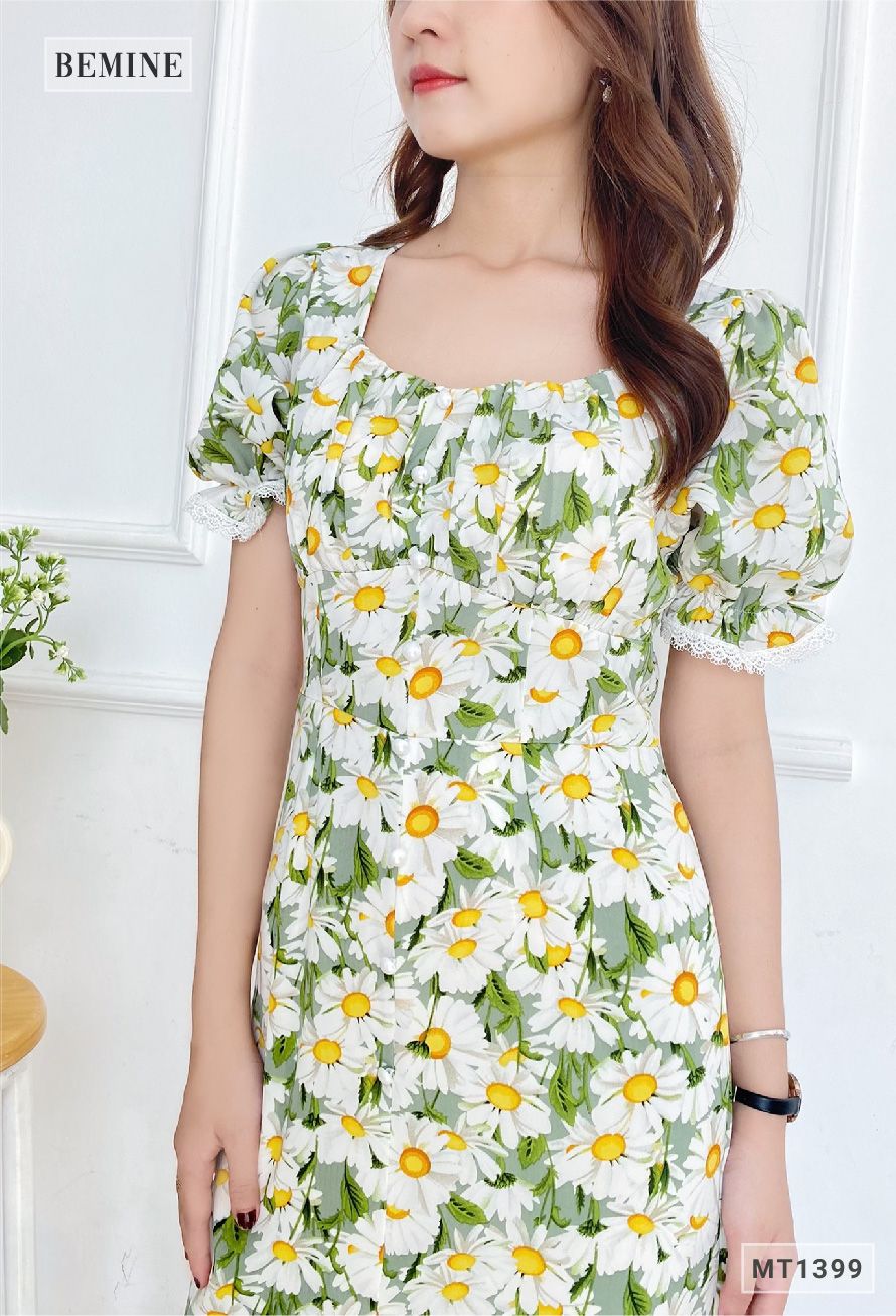MT1399XANH - Đầm hoa cổ tym đuôi cá