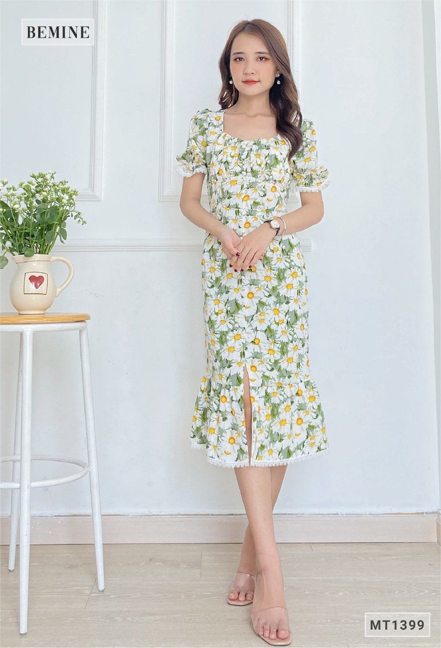 MT1399XANH - Đầm hoa cổ tym đuôi cá