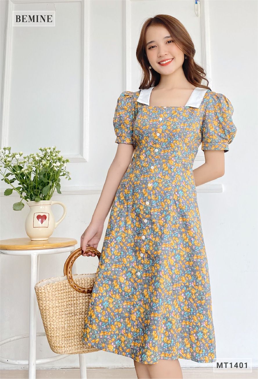MT1401XAM - Đầm hoa cổ phối đính nút
