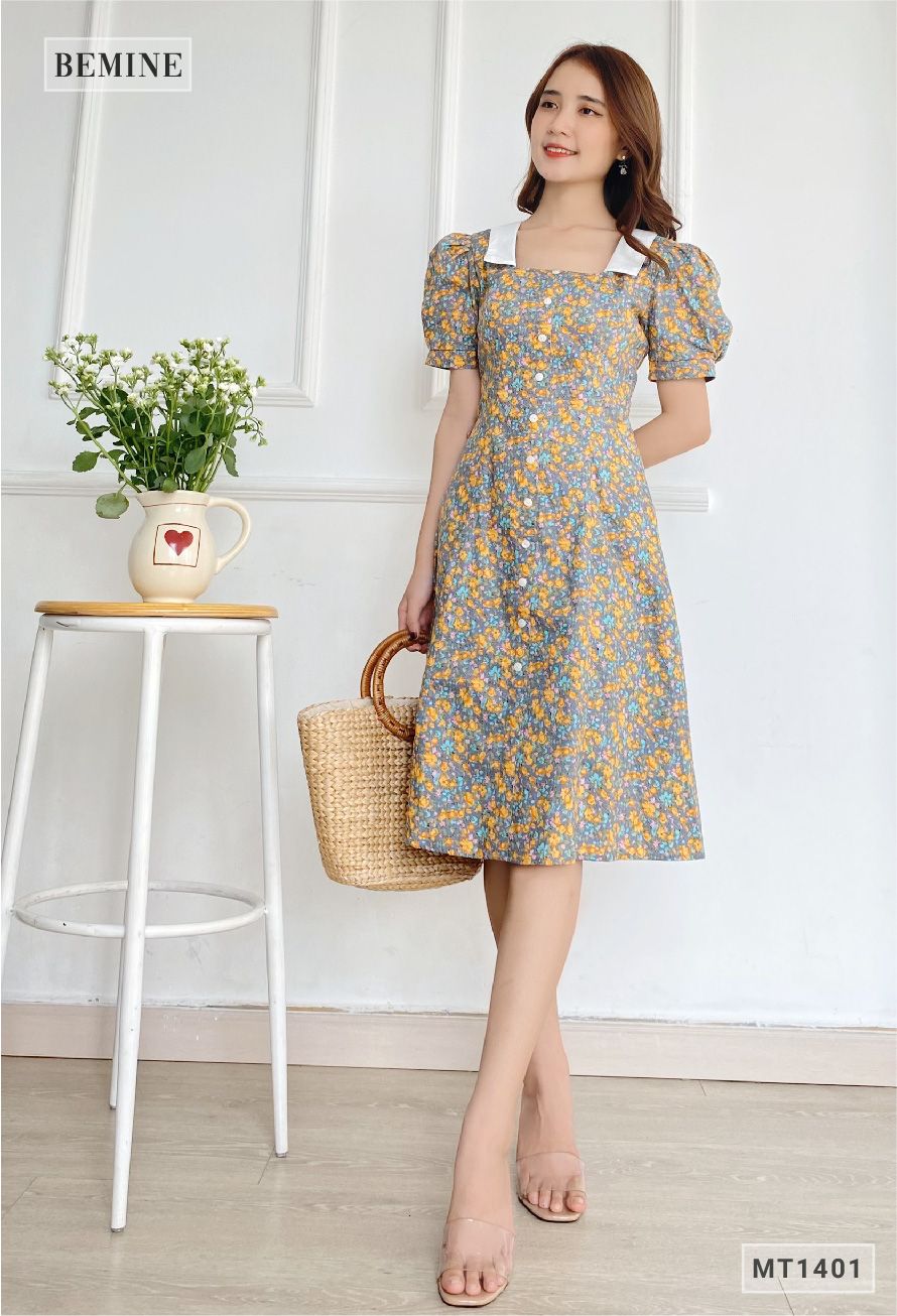 MT1401XAM - Đầm hoa cổ phối đính nút