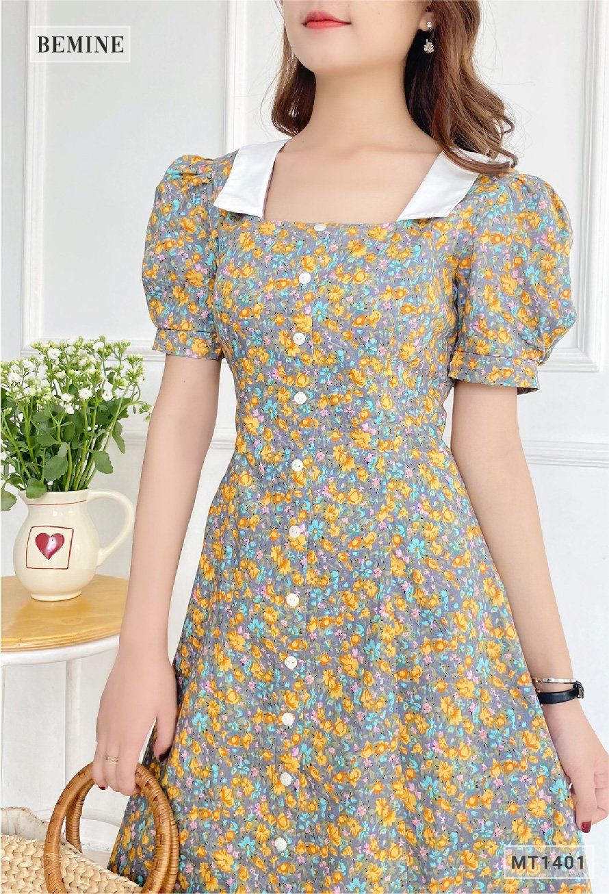 MT1401XAM - Đầm hoa cổ phối đính nút