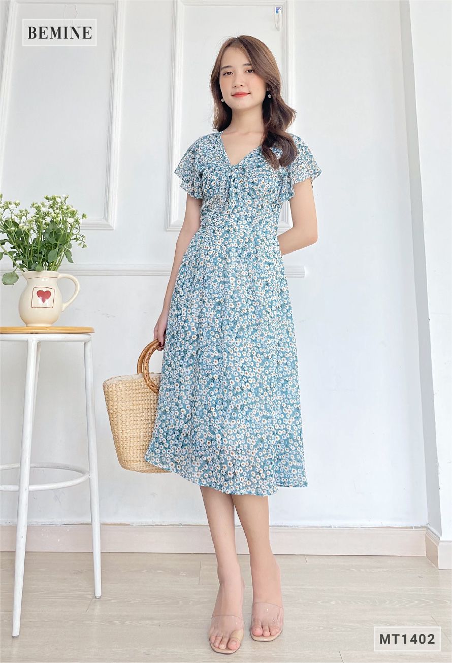 MT1402XANH - Đầm cổ tym tay cánh tiên