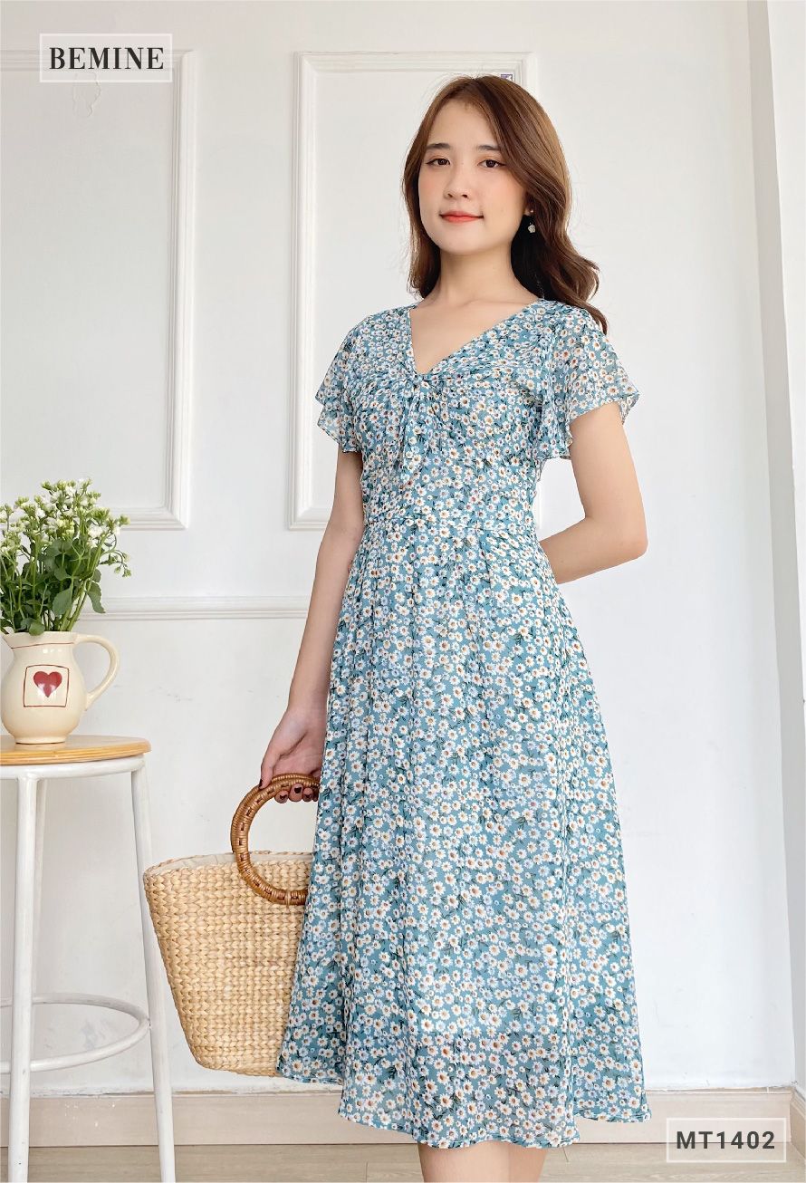 MT1402XANH - Đầm cổ tym tay cánh tiên
