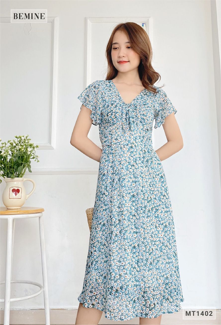 MT1402XANH - Đầm cổ tym tay cánh tiên