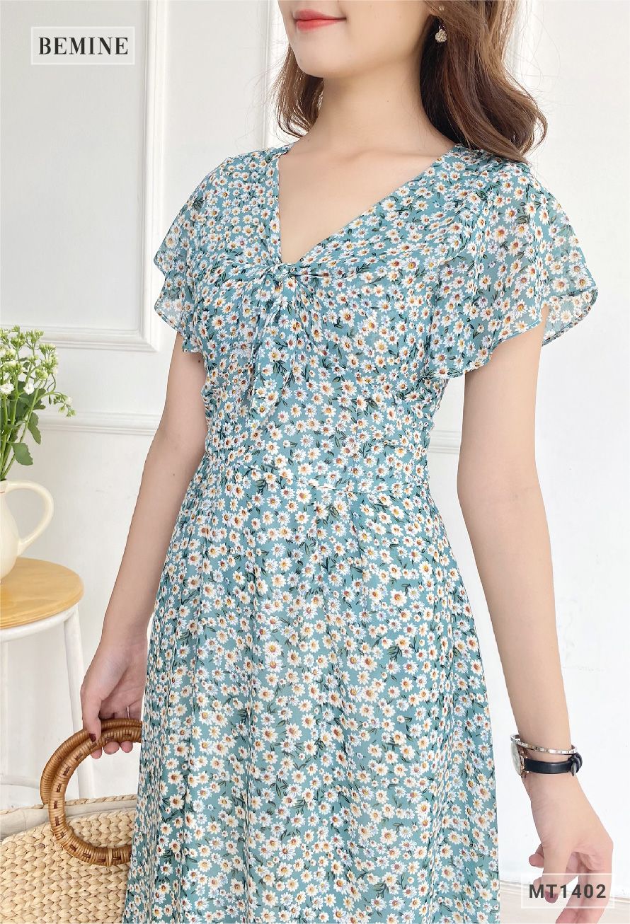 MT1402XANH - Đầm cổ tym tay cánh tiên