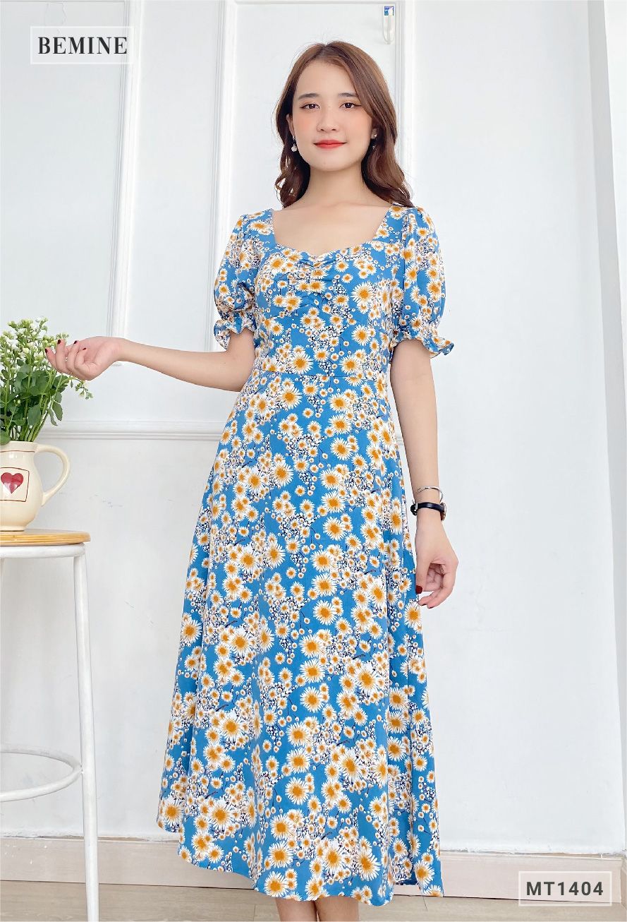 MT1404XANH - Đầm hoa cổ vuông nhún ngực