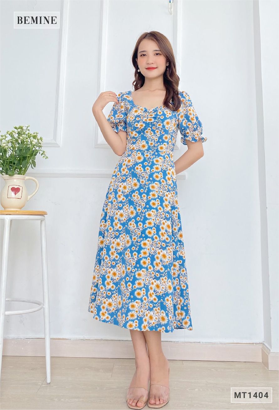 MT1404XANH - Đầm hoa cổ vuông nhún ngực