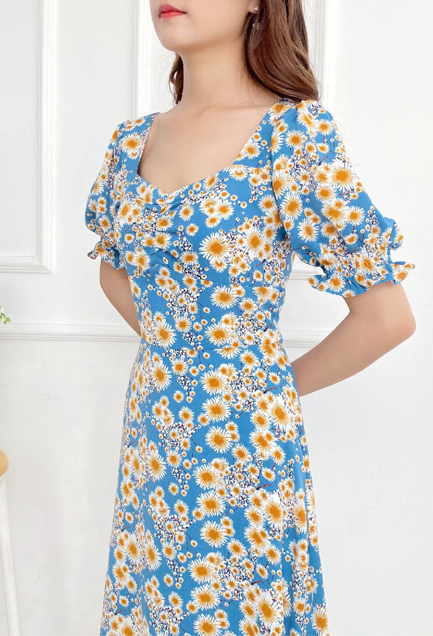 MT1404XANH - Đầm hoa cổ vuông nhún ngực