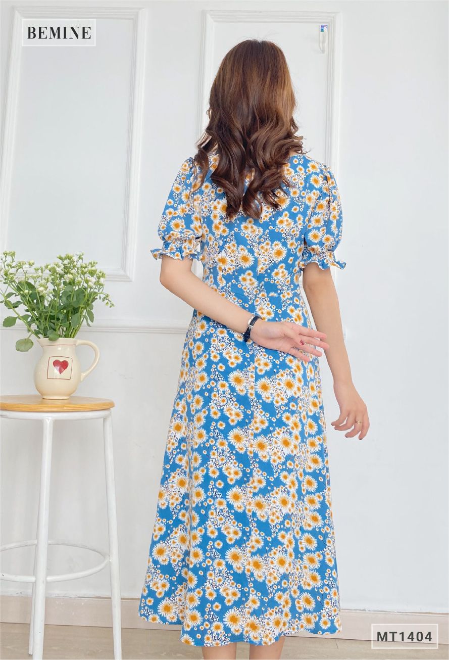 MT1404XANH - Đầm hoa cổ vuông nhún ngực