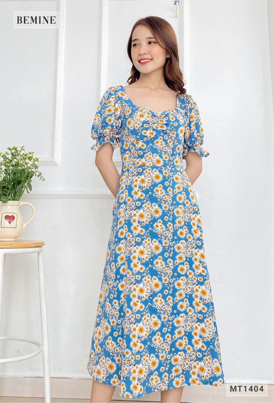 MT1404XANH - Đầm hoa cổ vuông nhún ngực