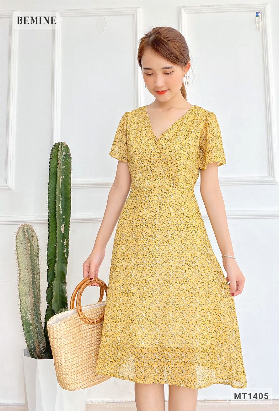 MT1405VANG - Đầm hoa nhí đáp ngực
