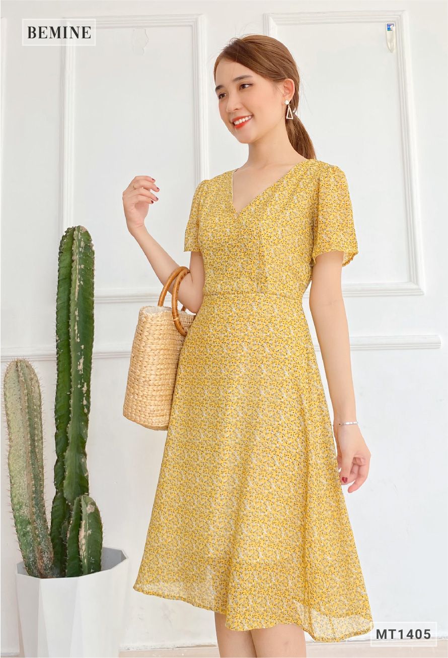 MT1405VANG - Đầm hoa nhí đáp ngực