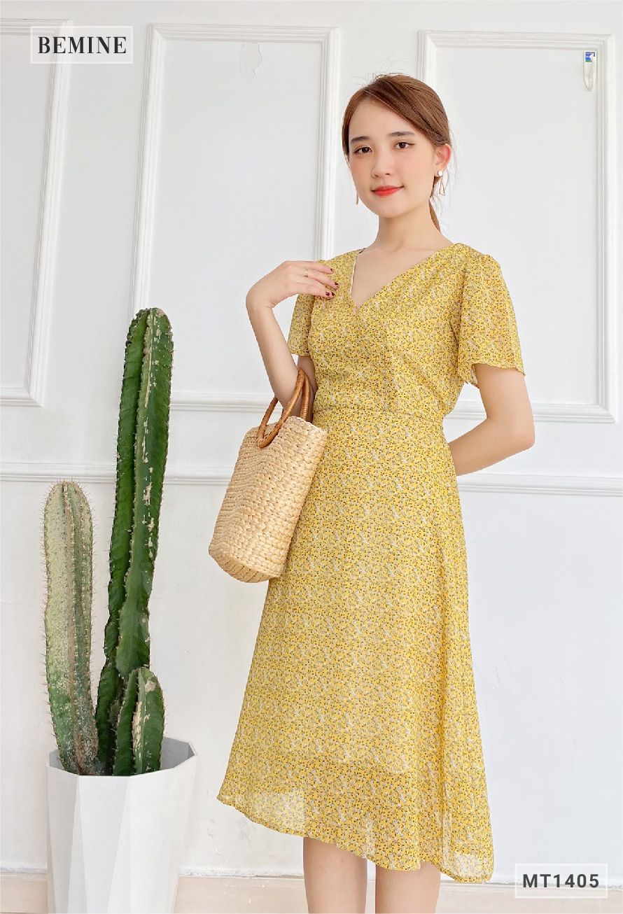 MT1405VANG - Đầm hoa nhí đáp ngực