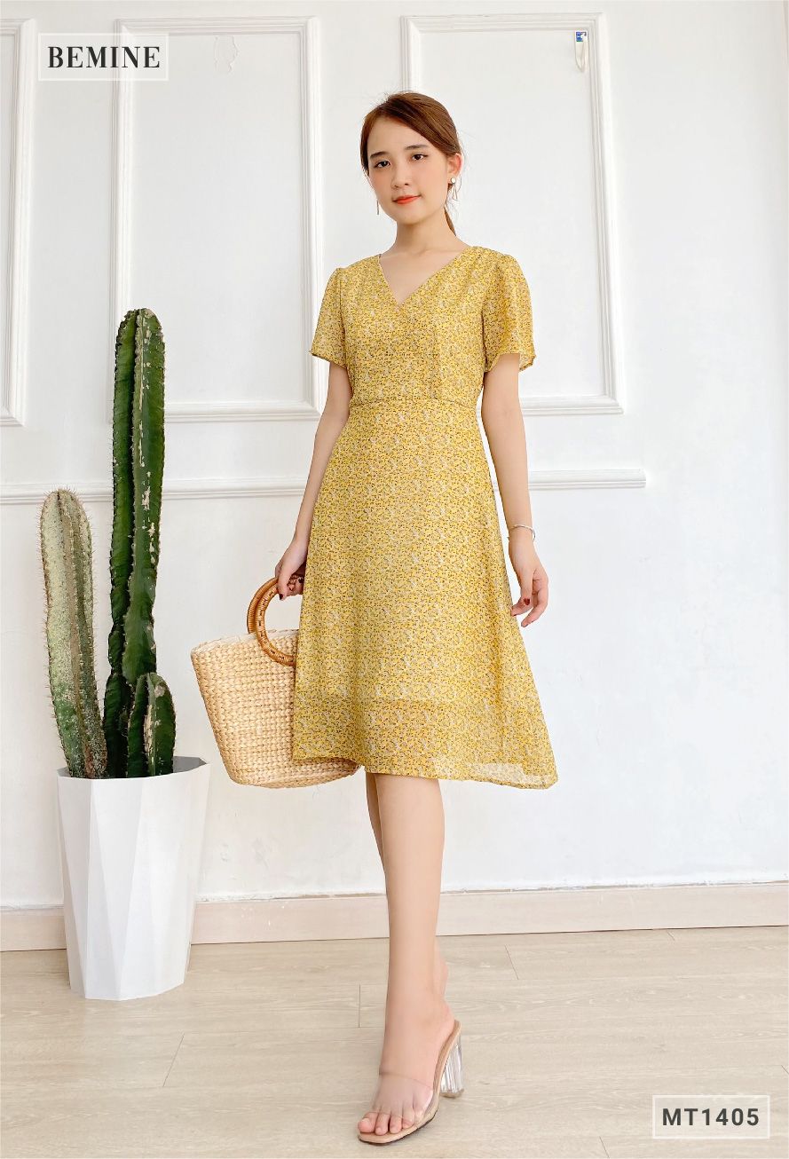 MT1405VANG - Đầm hoa nhí đáp ngực