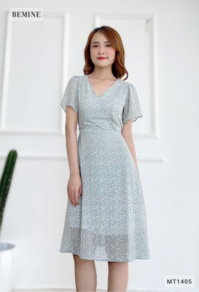 MT1405XANH - Đầm hoa nhí đáp ngực