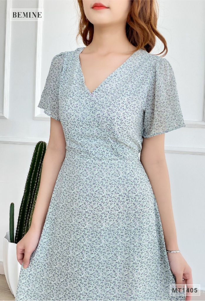 MT1405XANH - Đầm hoa nhí đáp ngực