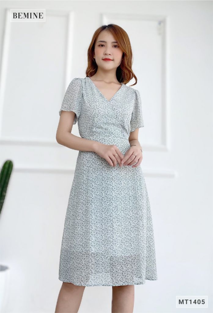 MT1405XANH - Đầm hoa nhí đáp ngực