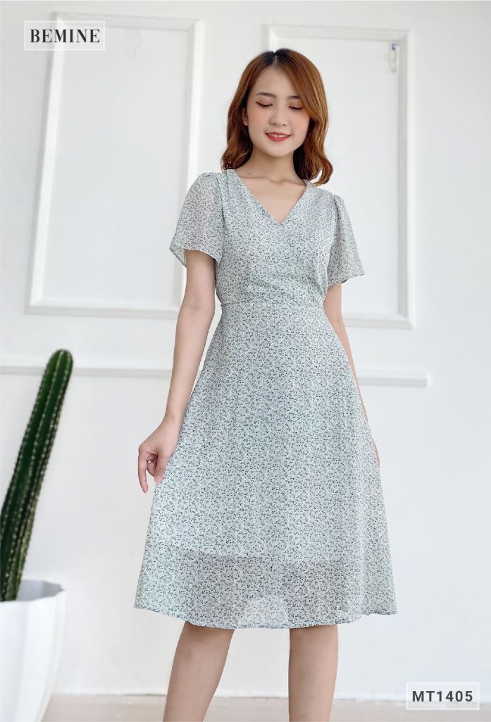 MT1405XANH - Đầm hoa nhí đáp ngực