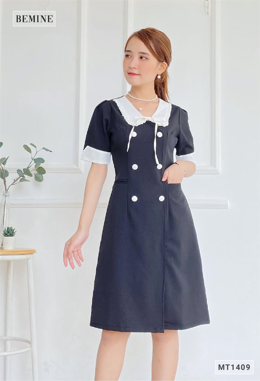 MT1409DEN - Đầm phối cổ tay đính nút