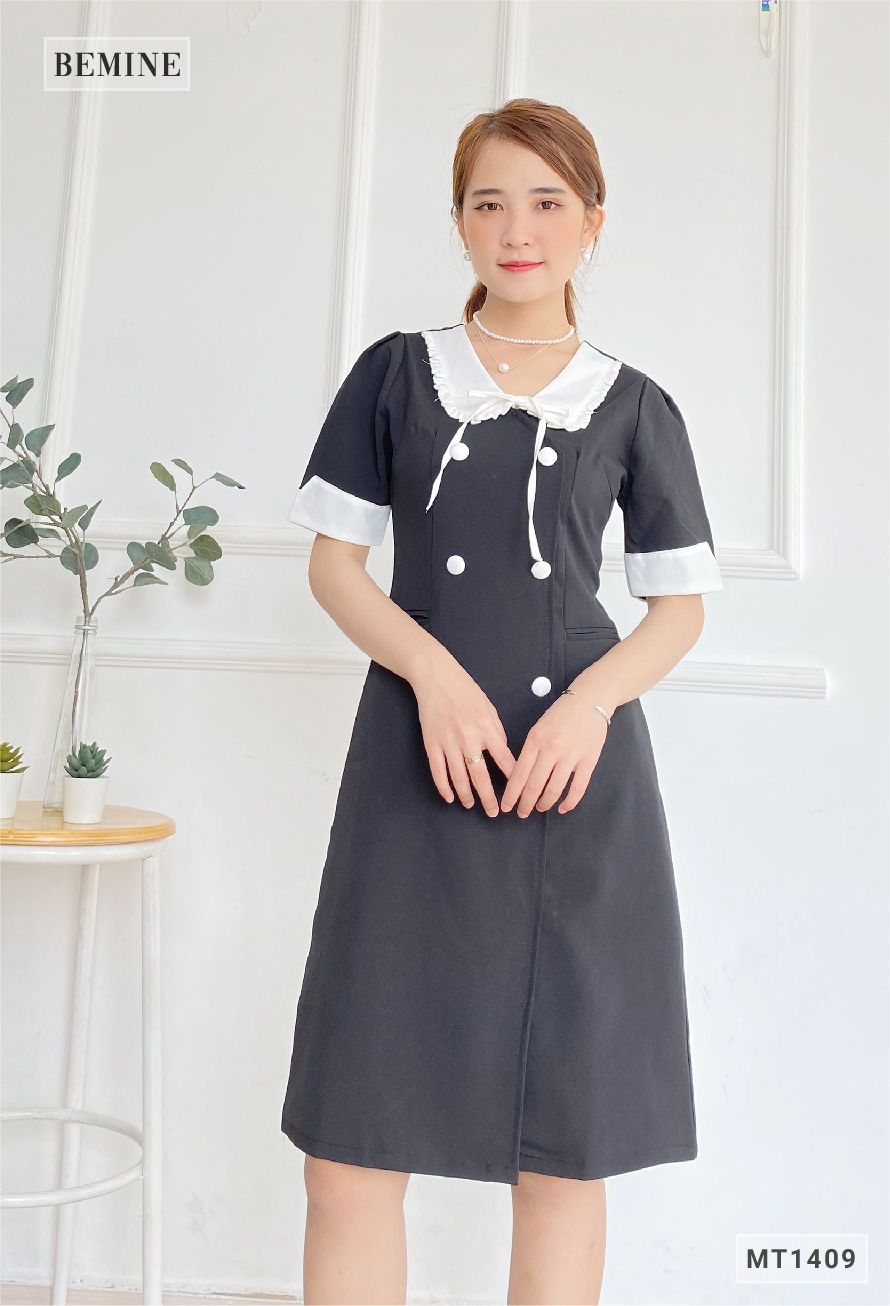 MT1409DEN - Đầm phối cổ tay đính nút