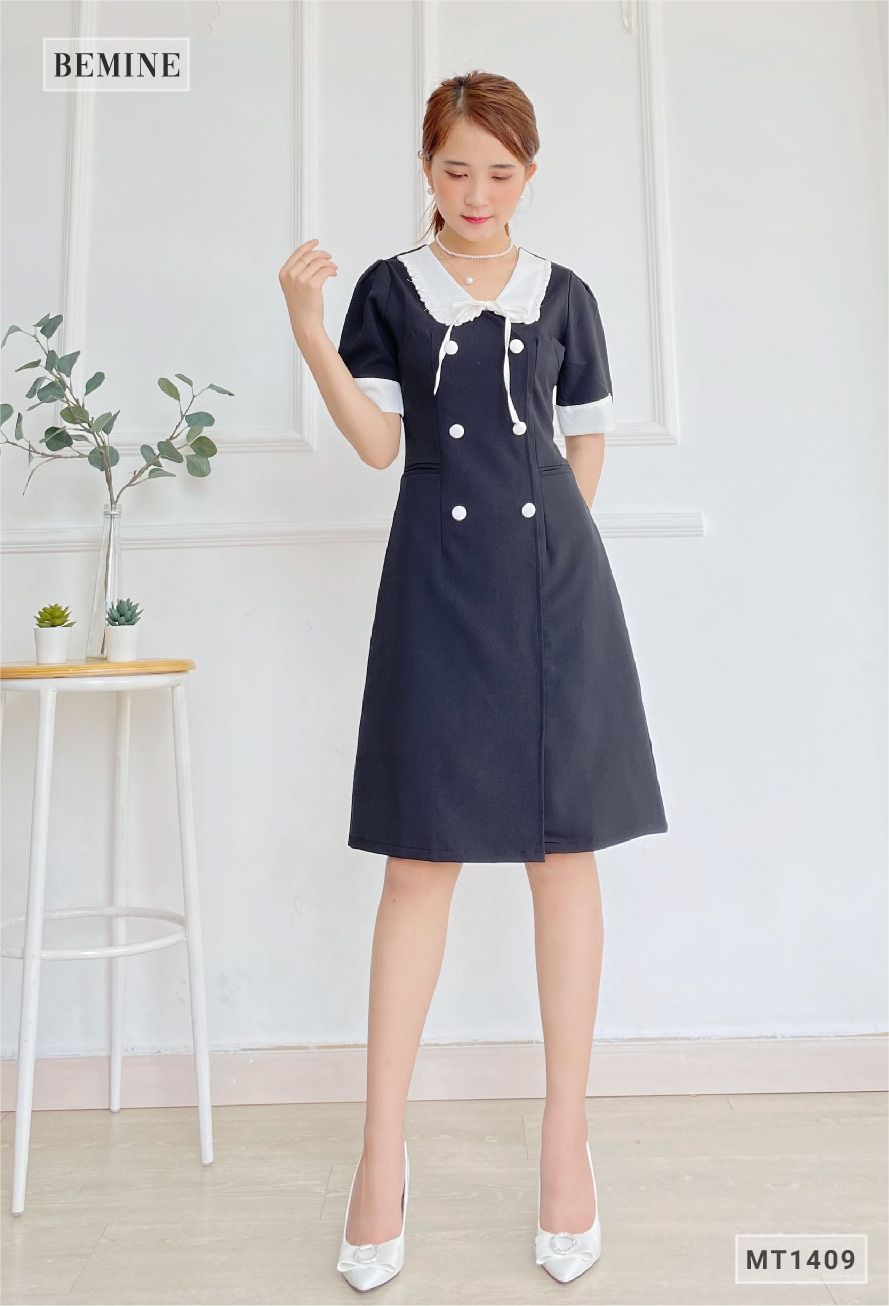 MT1409DEN - Đầm phối cổ tay đính nút