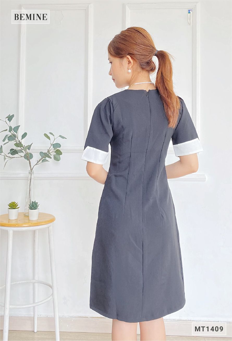 MT1409DEN - Đầm phối cổ tay đính nút