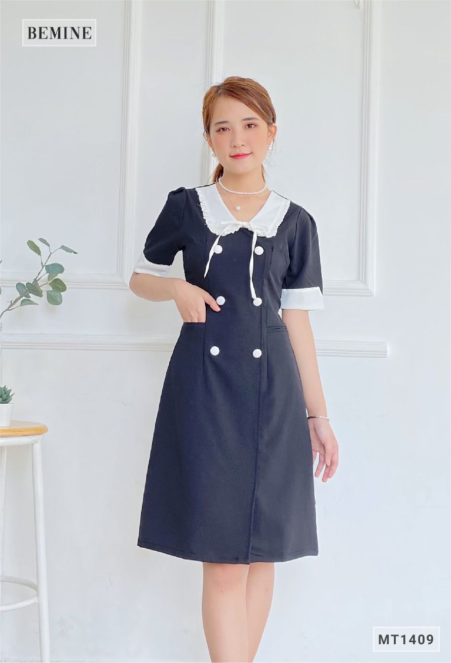 MT1409DEN - Đầm phối cổ tay đính nút